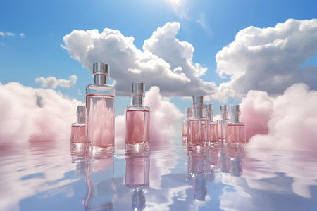 Perfume bottle or whiskey bottle in elegant style on the sky backgroundの素材