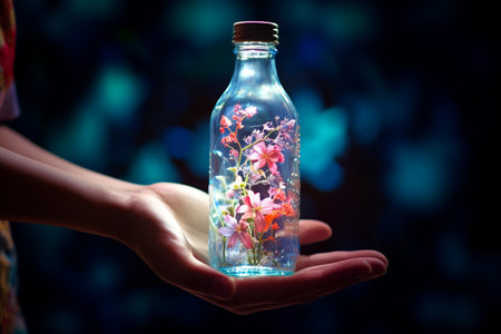Hand holding a perfume bottle on a background full of flowersの素材