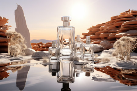 Perfume bottle or whiskey bottle in elegant style on the sky backgroundの素材