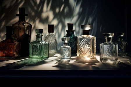 Perfume bottle or whiskey bottle in elegant style on a mockup style backgroundの素材