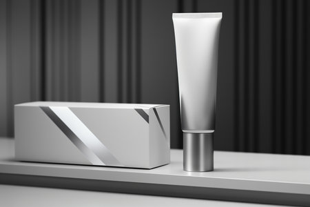 Mock up of a sunscreen bottle on a minimalist studio backgroundの素材