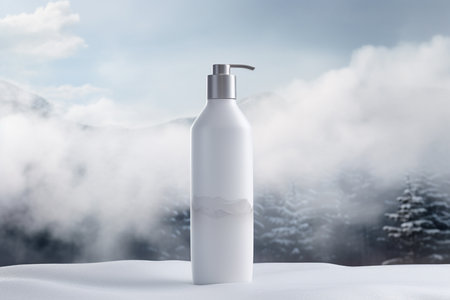 Mockup of elegant lotion pump bottle On the background of bright cloudsの素材