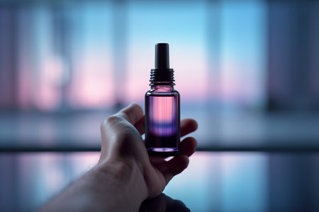 Mockup of Hand holding a dropper bottle on the bokeh backgroundの素材