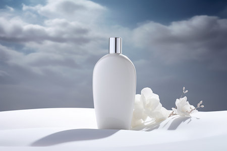 Mockup of elegant lotion pump bottle On the background of bright cloudsの素材