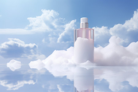 Mockup of elegant lotion pump bottle On the background of bright cloudsの素材