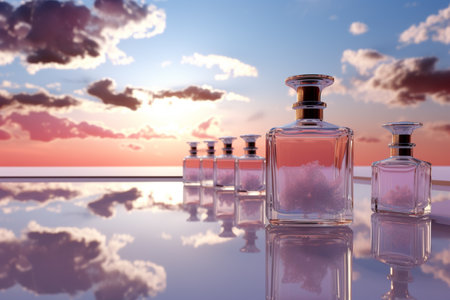 Perfume bottle or whiskey bottle in elegant style on the sky backgroundの素材