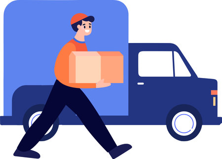 Hand Drawn Delivery man with delivery truck in flat style isolated on backgroundのイラスト素材