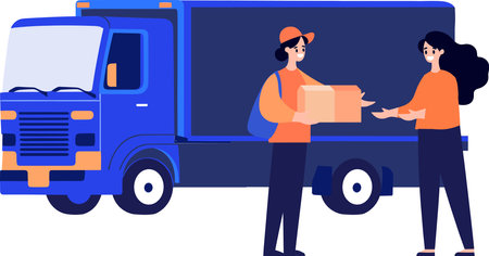 Hand Drawn Delivery man with delivery truck in flat style isolated on backgroundのイラスト素材