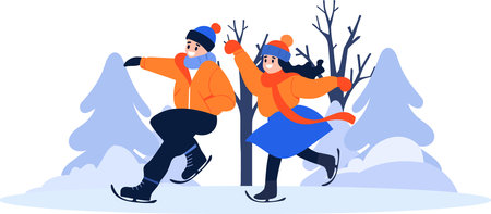 Hand Drawn couple character playing ice skating in winter in flat style isolated on backgroundのイラスト素材