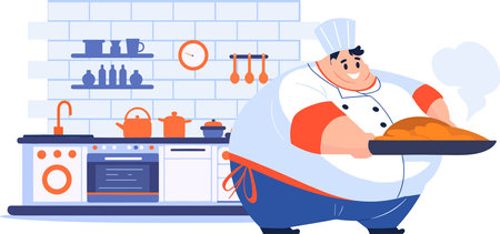 Hand Drawn Chef is cooking in the kitchen in flat style isolated on backgroundのイラスト素材
