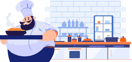 Hand Drawn Chef is cooking in the kitchen in flat style isolated on backgroundのイラスト素材