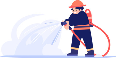 Hand Drawn Firefighter character extinguishing fire in flat style isolated on backgroundのイラスト素材