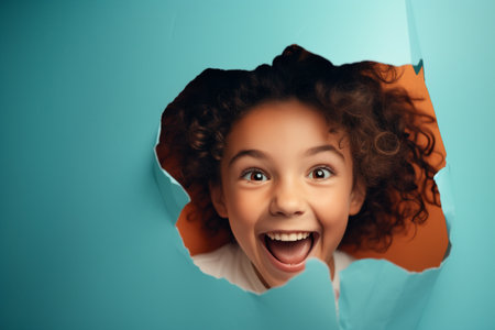 A woman or girl smiles against a pastel background with holes in advertising styleの素材