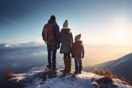 Happy family traveling on snowy mountain peak in winterの素材