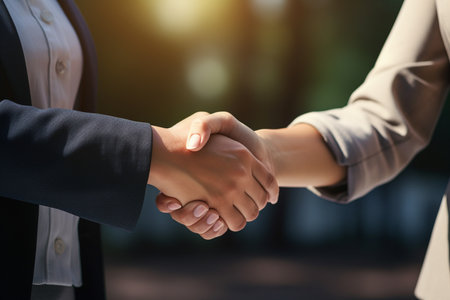 Business women shake hands on bokeh style backgroundの素材