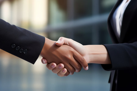 Business women shake hands on bokeh style backgroundの素材