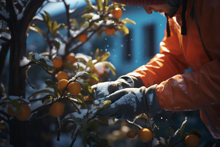 female farmer picking fruit from trees in winter in the daytimeの素材