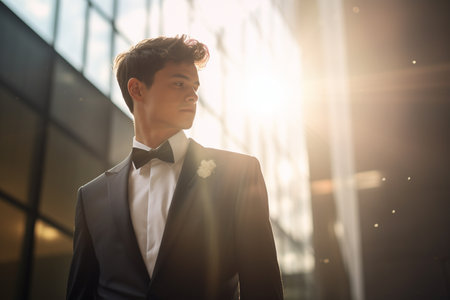 Groom in wedding dress on bokeh style backgroundの素材