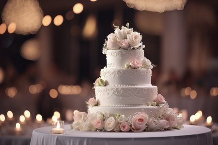 Wedding cake at a wedding on a bokeh style backgroundの素材