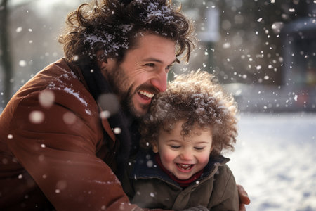 Father playing in snow with child in front of house in winterの素材