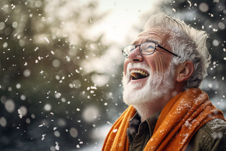 A old man in winter clothes plays in the snow in front of houseの素材