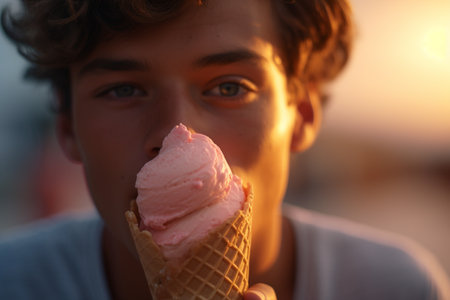 Male tourist holding an ice cream cone at the sea in the daytimeの素材