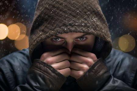 man with gloves on covering his face in winter in a city on the fashion style bokeh backgroundの素材
