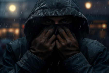 man with gloves on covering his face in winter in a city on the fashion style bokeh backgroundの素材