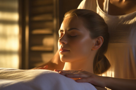 a woman happily massaging shoulders in spa on a bokeh style backgroundの素材