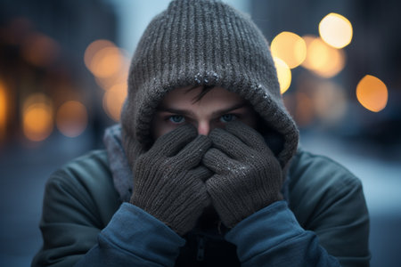 man with gloves on covering his face in winter in a city on the fashion style bokeh background