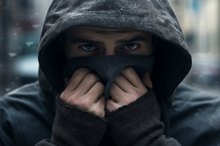 man with gloves on covering his face in winter in a city on the fashion style bokeh backgroundの素材