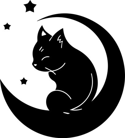 cat and moon logo in flat line art style isolated on backgroundのイラスト素材