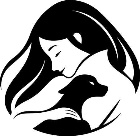 Woman and cat logo in animal clinic concept in flat line art style isolated on backgroundのイラスト素材