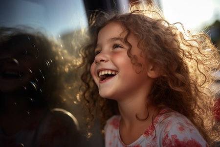 A young girl sits by the car window while driving on a road trip with Generative AIの素材