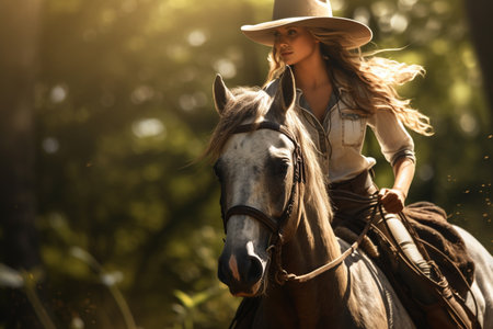 A female farmer is riding a horse in the forest in the daytime with Generative AIの素材