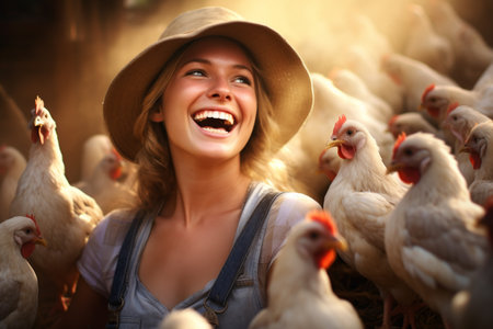 Female farmer on chicken farm in the daytime with Generative AIの素材