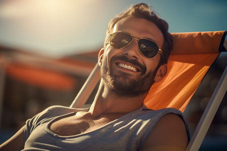 male tourist sunbathing on sunbed at sea during daytime with Generative AIの素材