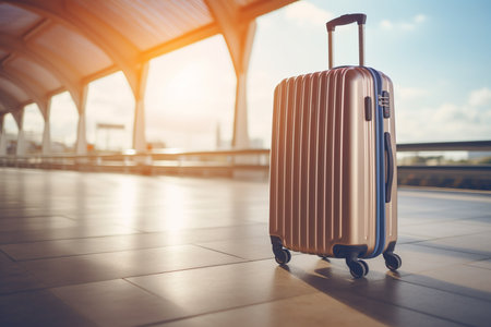 A brown suitcase at the airport terminal bokeh style backgroundの素材