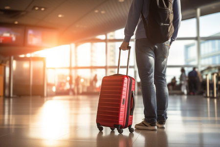 A red suitcase at the airport terminal bokeh style backgroundの素材