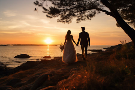 Married couple walking on the beach in front of the sunset background bokeh style backgroundの素材