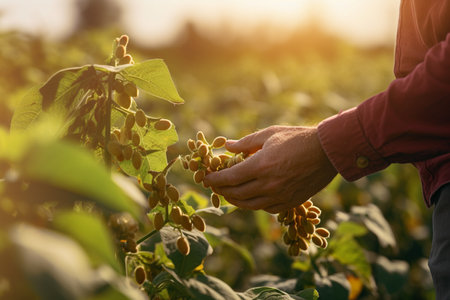 farmer hands harvesting soybeans tree at soybean farm bokeh style backgroundの素材