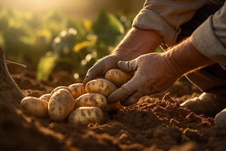 farmer hands harvesting  potatoes at potato field bokeh style backgroundの素材