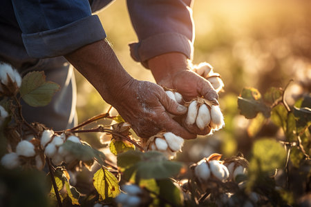 farmer hands harvesting cotton tree at cotton field bokeh style backgroundの素材