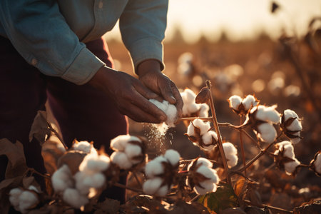 farmer hands harvesting cotton tree at cotton field bokeh style backgroundの素材
