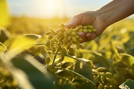 farmer hands harvesting soybeans tree at soybean farm bokeh style backgroundの素材