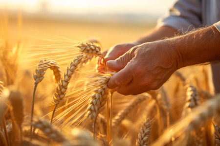 farmer hands harvesting rices tree at rice farm bokeh style backgroundの素材