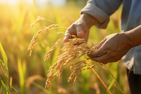 farmer hands harvesting rices tree at rice farmの素材