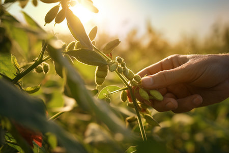 farmer hands harvesting soybeans tree at soybean farm bokeh style backgroundの素材