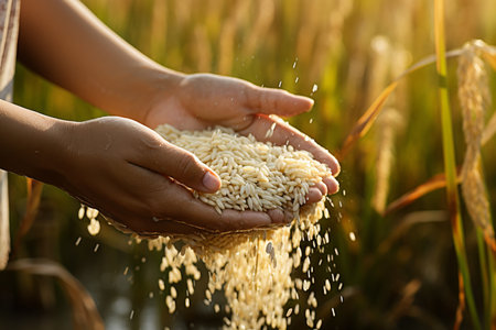 farmer hands harvesting rices tree at rice farm bokeh style backgroundの素材