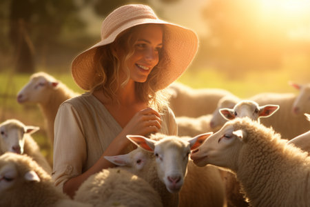 A shepherd farmer women feed a group sheep bokeh style backgroundの素材